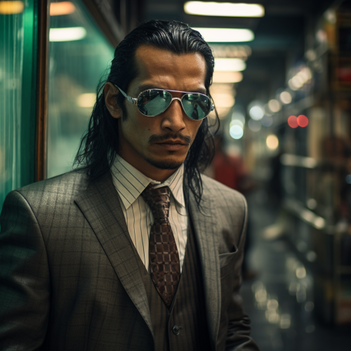 Nepali man in cyberpunk business suit with mirror glasses