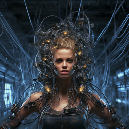 Cyborg with Cable Plugged on High Tech Screens