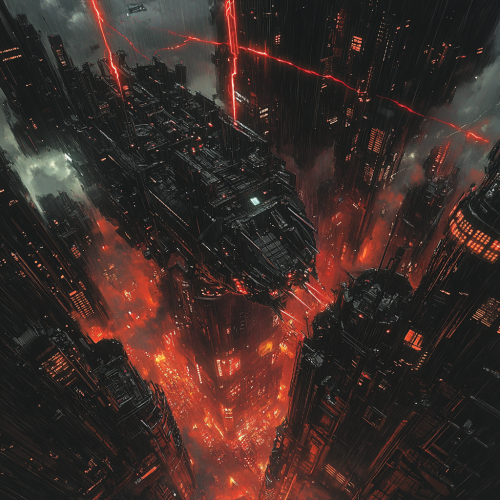 Cyborg in Dystopian Cityscape Chaos Cyborg in Dystopian Cityscape Chaos