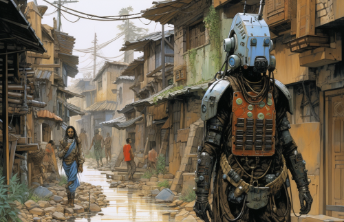 Cyborgsamurai walking in traditional village