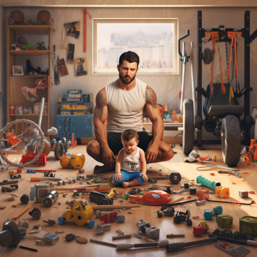 Dad playing in gym with toys