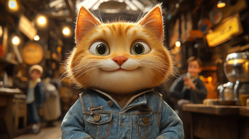 Cat dancing in denim at coffee