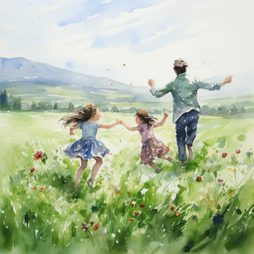 Children Dancing in Field Watercolor Painting