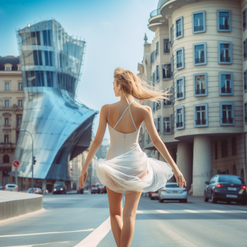 Ballerina resting her back against the Dancing House