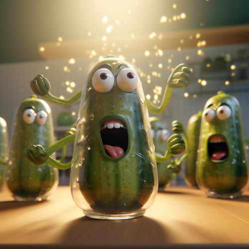 Detailed dancing pickles in cinematic style