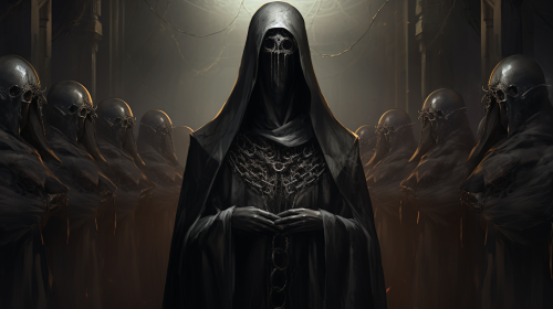 Dark cult performing ritual in metal armor