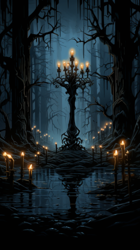 Mysterious forest with floating candelabras Mysterious forest with floating candelabras