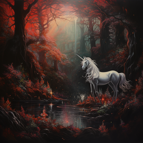 Majestic unicorn in dark forest