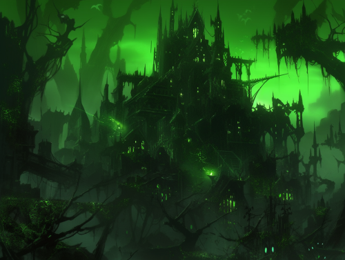 Dark Gothic City with Toxic Green Crystal