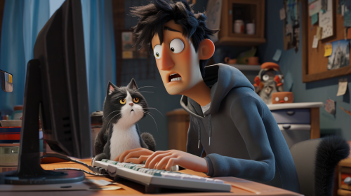 Dark Haired Man Attacked by Tuxedo Cat