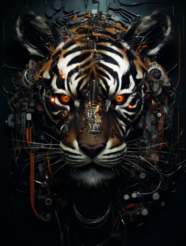 Tiger Robot Face in Dark Wall