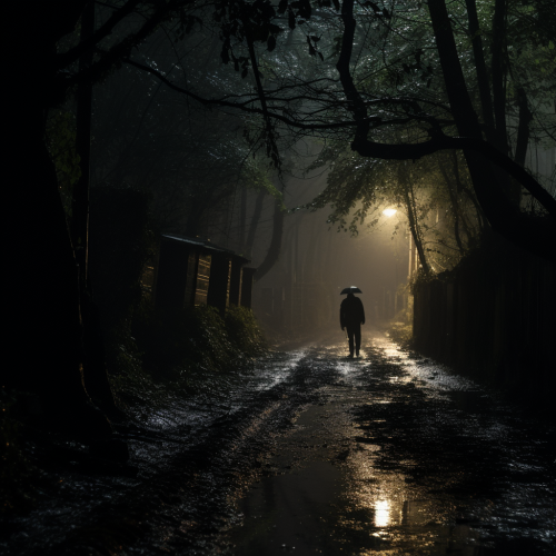 Film scene in dark shady lane