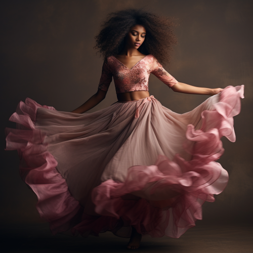 Dark-skinned girl with pink-brown hair in a skirt