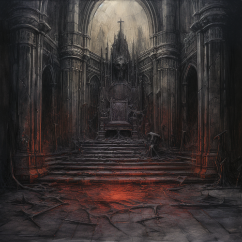 Eerie empty throne in a dark room