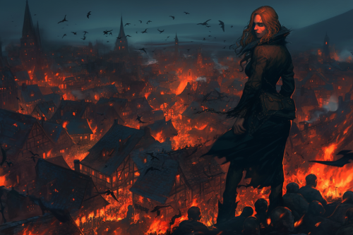 Dark town with dead bodies and fire