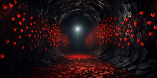 Bright red love hearts in dark tunnel
