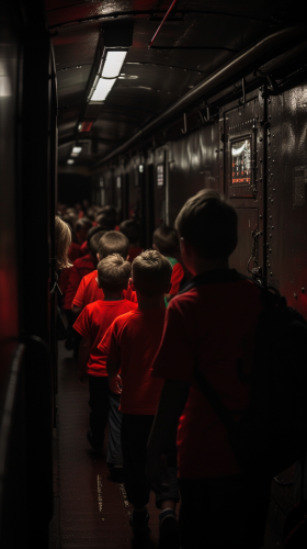 Children in Red Shirts on Dark Creepy Train