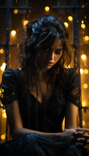 Dark-haired woman in peril in gothic room