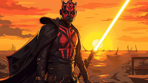 Darth Maul wielding yellow lightsaber on Tatooine