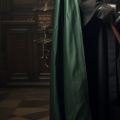 Darth Vader in Hogwarts robes before a Slytherin banner