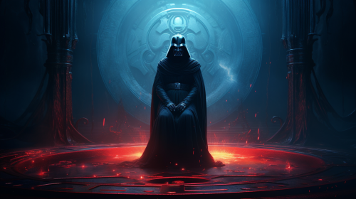Darth Vader kneeling, Emperor Palpatine walking through portal.