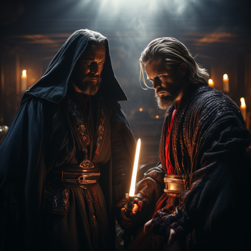 Intense lightsaber duel between Darth Vader and Obi Wan Kenobi