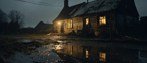 Silhouetted reflection in puddle outside rustic house