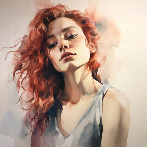 Watercolor portrait of daydreaming woman