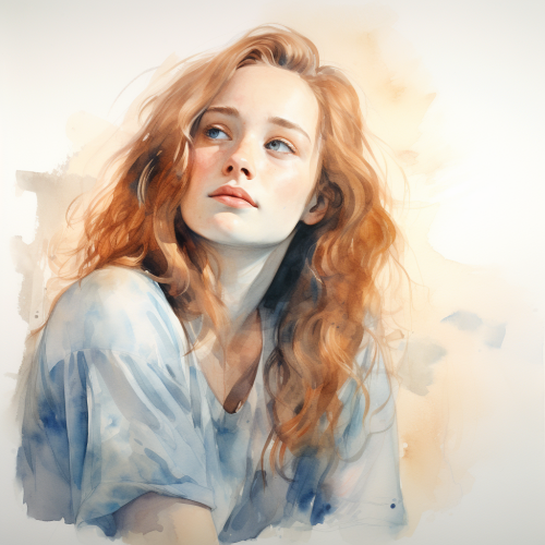 Watercolor portrait of daydreaming woman