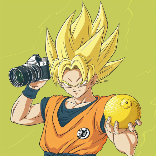 Anime character with lemon head holding camera