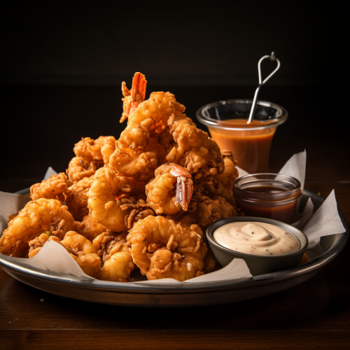 Close up of deep fried popcorn shrimp platter