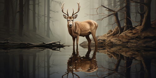 Deer drinking water with reflection in serene nature Deer drinking water with reflection in serene nature
