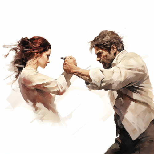 Woman punching man's hands in self-defense