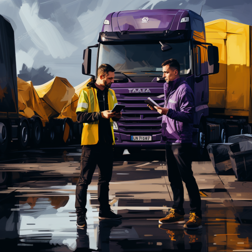 Delivery drivers learning with mobile phones near trucks