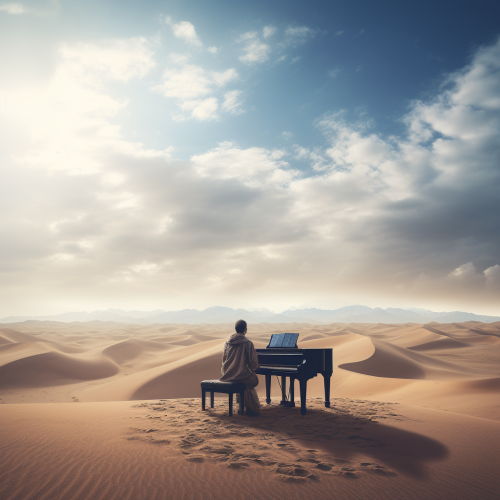 Piano player creating magical melody on a desert dune