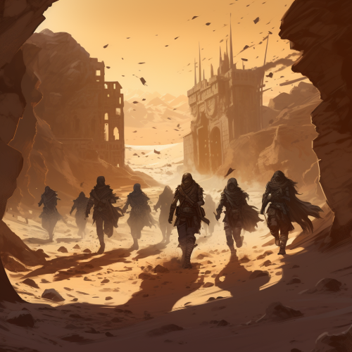 Adventurers running from chasing monsters in desert ruins Adventurers running from chasing monsters in desert ruins