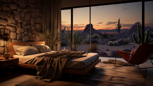 Cozy desert bedroom with dim lamp lighting