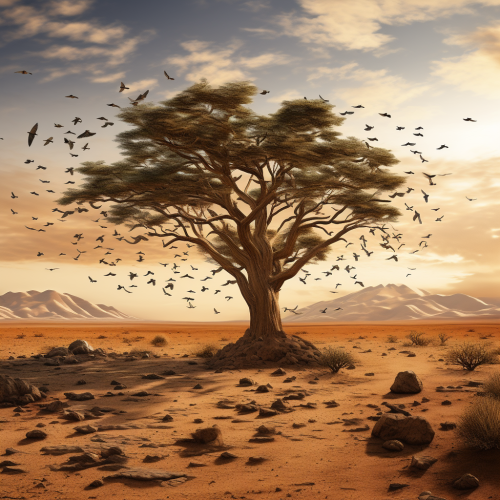 Beautiful desert tree with flying birds Beautiful desert tree with flying birds