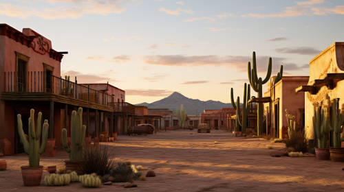 Photorealistic sunrise in a Mexican town with cactus and saloon Photorealistic sunrise in a Mexican town with cactus and saloon