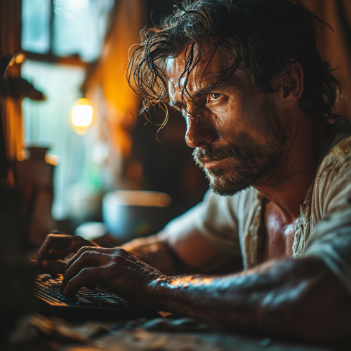 Muscular man sitting at computer with steroids Muscular man sitting at computer with steroids