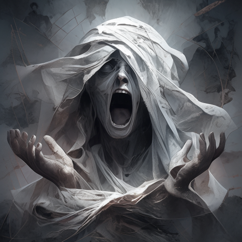 Marble statue of a man with thin veil and desperate scream