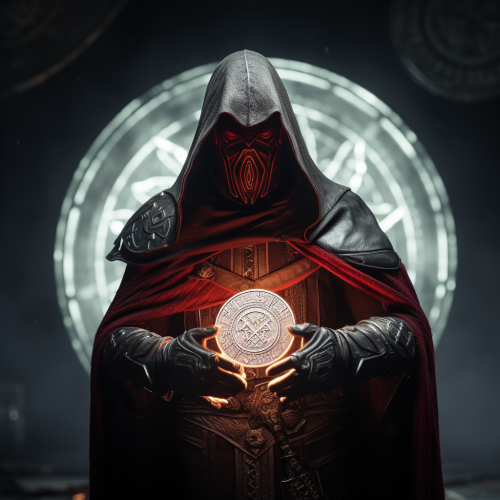 The Drifter holding a red coin in medieval setting