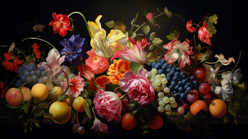 Vibrant detailed painting of various flowers