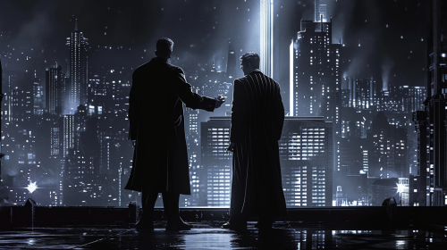 Detective handing cylinder to crime boss Detective handing cylinder to crime boss