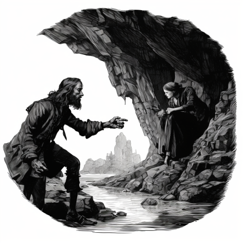 Illustration of a devil pointing at a woman