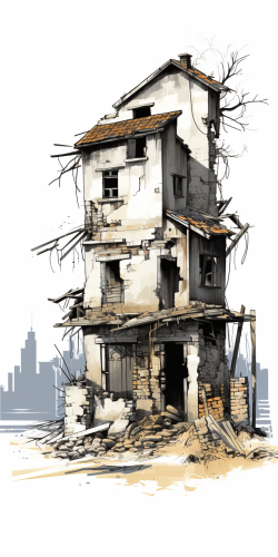 Cartoon Illustration of a Shabby Renovated House