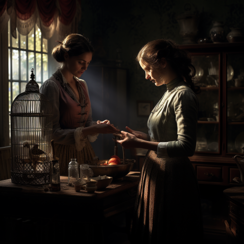 Two women with a canary and a broken birdcage