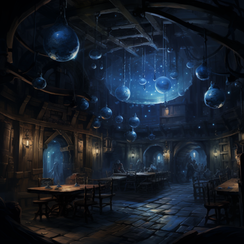 Mysterious blue glowing sphere in dimly lit tavern