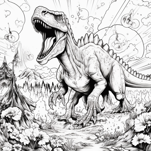 Coloring book page of dinosaur extinction