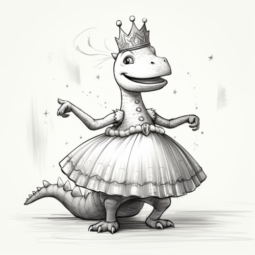 Colorful Cartoon Dinosaur Dancing with Tutu and Crown